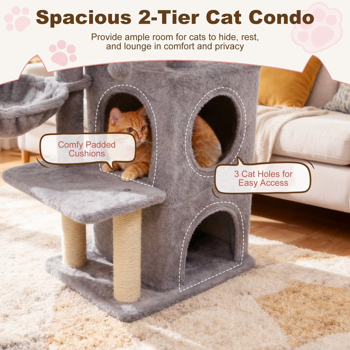 33.5 Inch Cute Kitten Tower with 2-Tier Condo and Padded Top Perch-Light Gray view 6