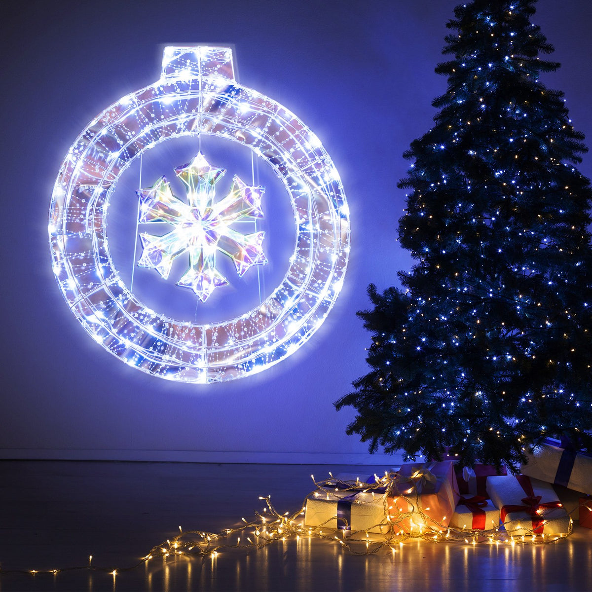33 Inch Lighted Snowflake Wreath with Hanging Ring and Support Bracket view 2