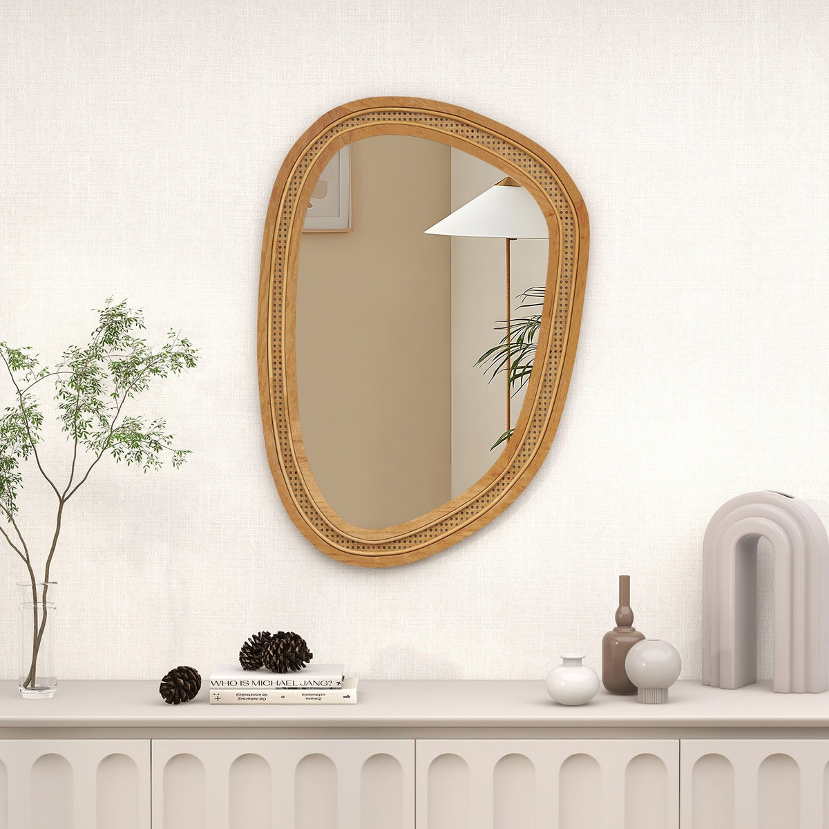 33 Inches x 23.5 Inches Irregular PVC Rattan Wall Mirror with Wooden Frame-Natural view 2