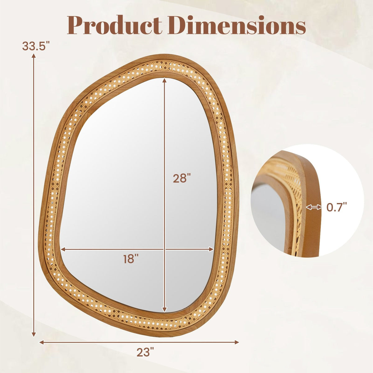 33 Inches x 23.5 Inches Irregular PVC Rattan Wall Mirror with Wooden Frame-Natural view 5