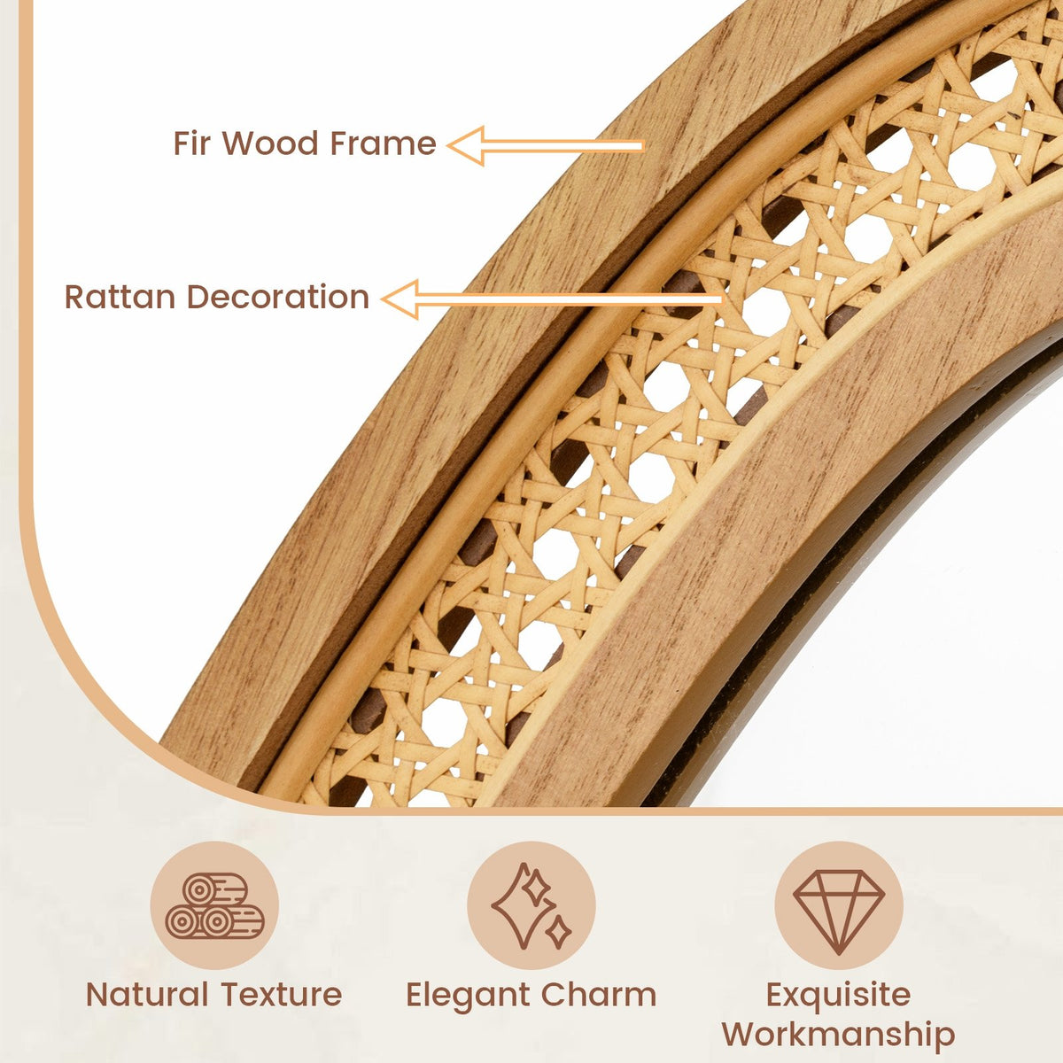 33 Inches x 23.5 Inches Irregular PVC Rattan Wall Mirror with Wooden Frame-Natural view 7