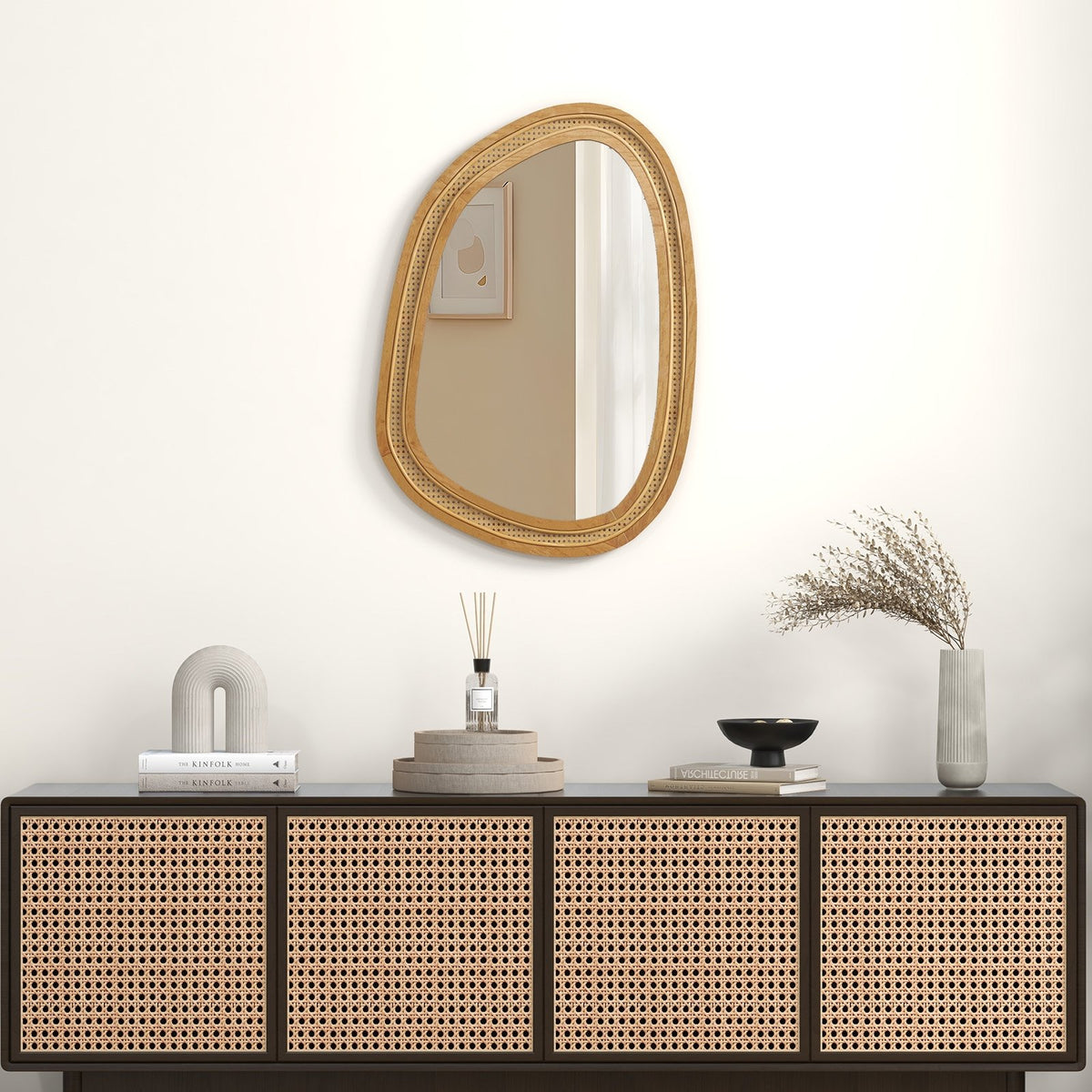 33 Inches x 23.5 Inches Irregular PVC Rattan Wall Mirror with Wooden Frame-Natural view 9
