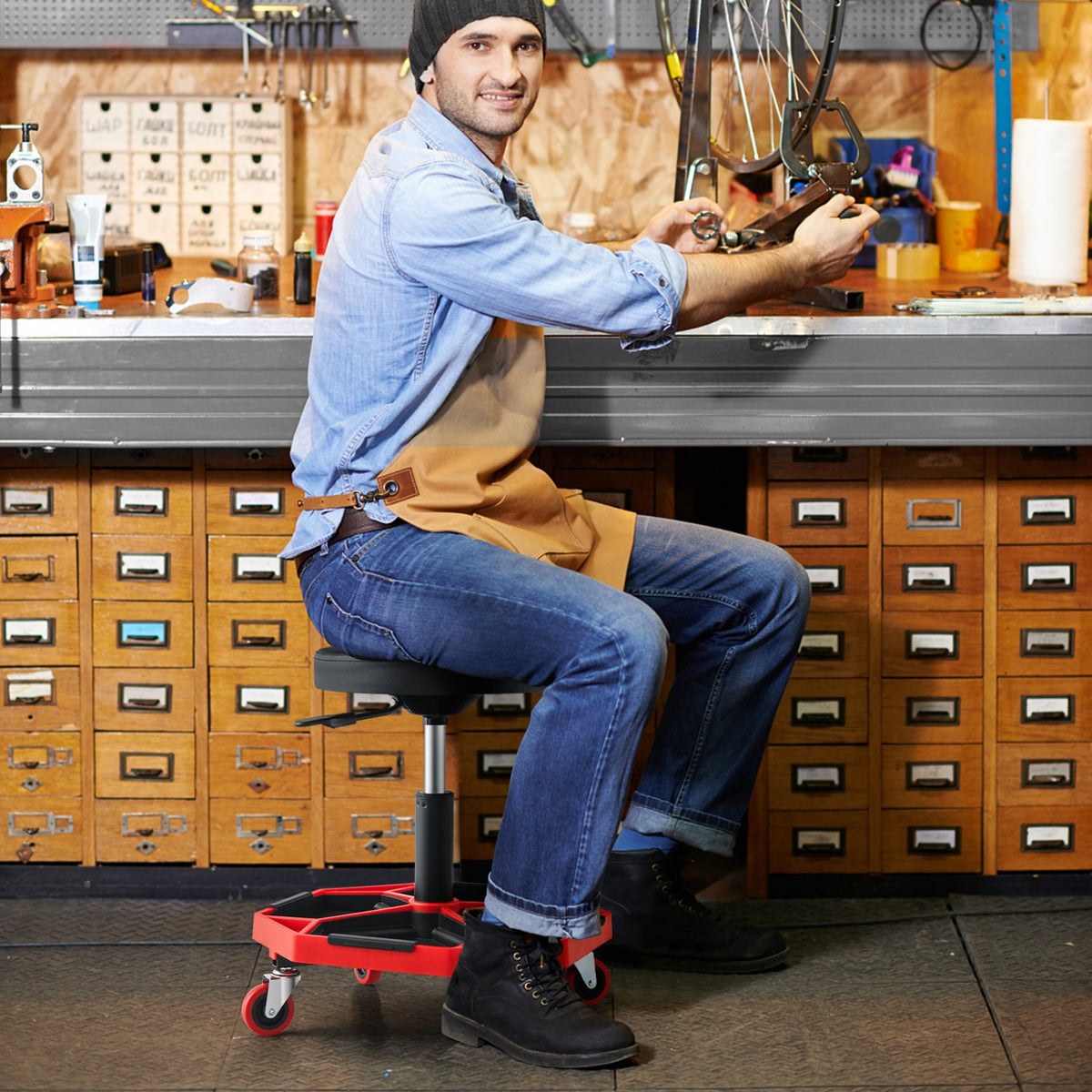 330 LBS Capacity Pneumatic Rolling Mechanic Stool with Padded Seat-Red view 2