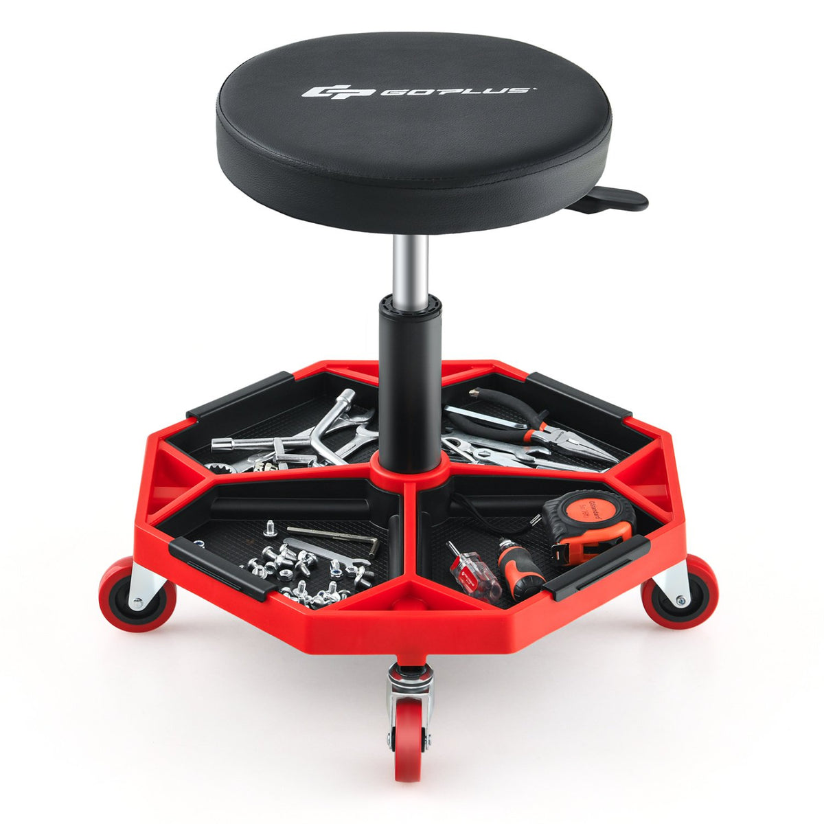 330 LBS Capacity Pneumatic Rolling Mechanic Stool with Padded Seat-Red view 4