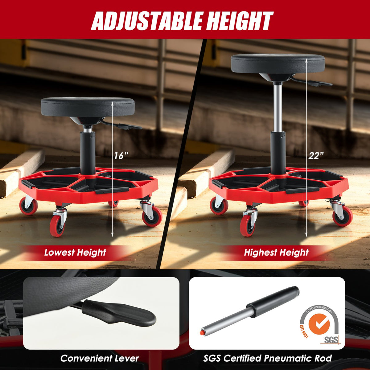330 LBS Capacity Pneumatic Rolling Mechanic Stool with Padded Seat-Red view 6