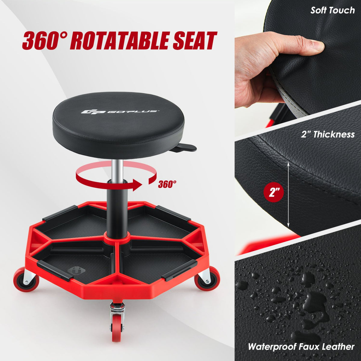 330 LBS Capacity Pneumatic Rolling Mechanic Stool with Padded Seat-Red view 7
