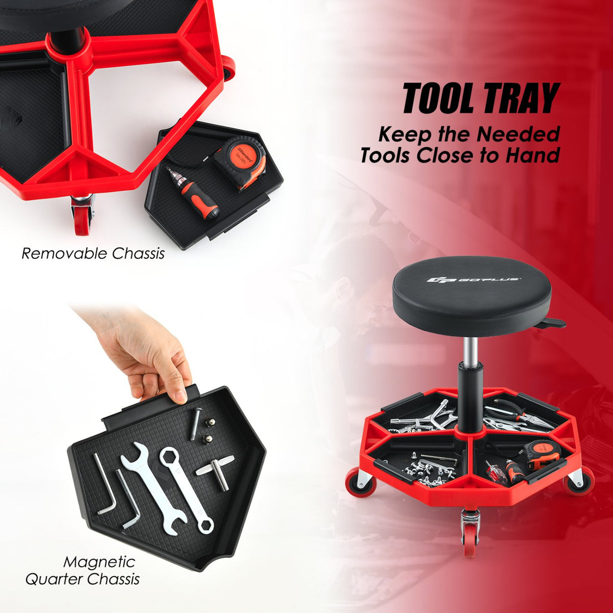 330 LBS Capacity Pneumatic Rolling Mechanic Stool with Padded Seat-Red view 8