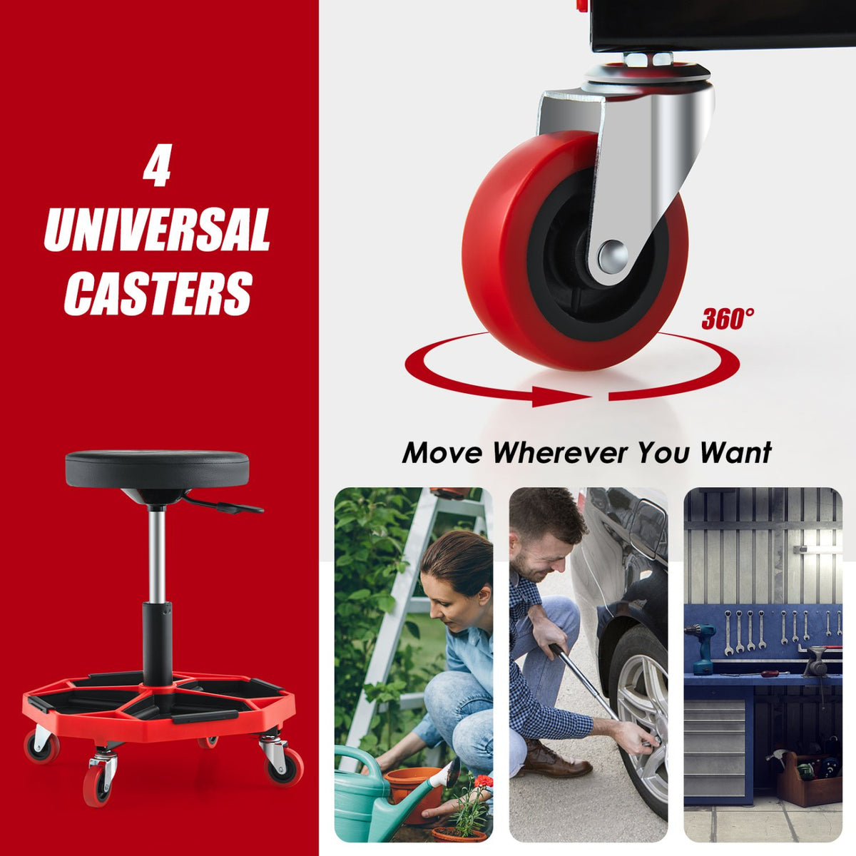 330 LBS Capacity Pneumatic Rolling Mechanic Stool with Padded Seat-Red view 9