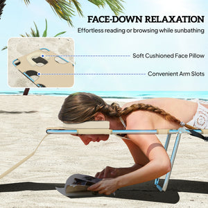 Folding Outdoor Lounge Chair, 5-Level Tanning Chair with Face Hole, Side Pocket, Carry Strap for Beach Pool, Beige