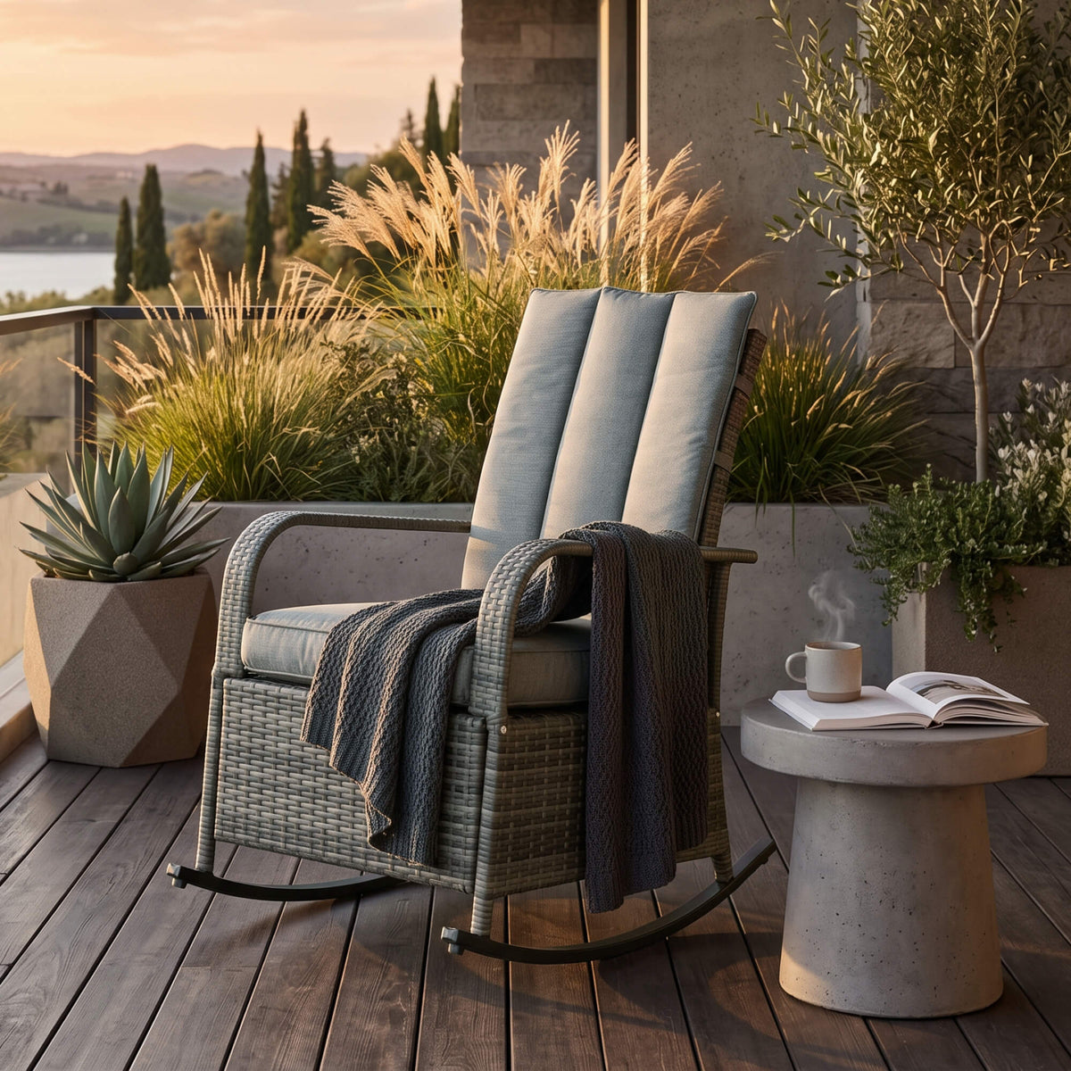 Outdoor Wicker Rocking Chair with Cushion, Patio PE Rattan Recliner Chair with Adjustable Footrest – view 14