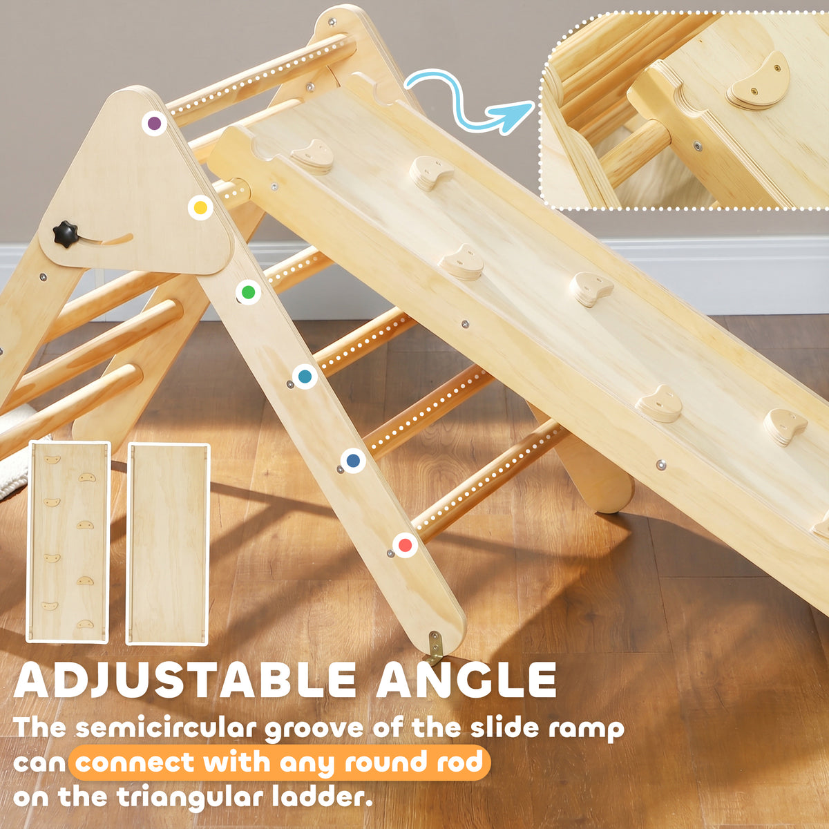 Pikler Triangle Set, 3 in 1 Climbing Toys with Ramp for Toddlers, Nature Wood