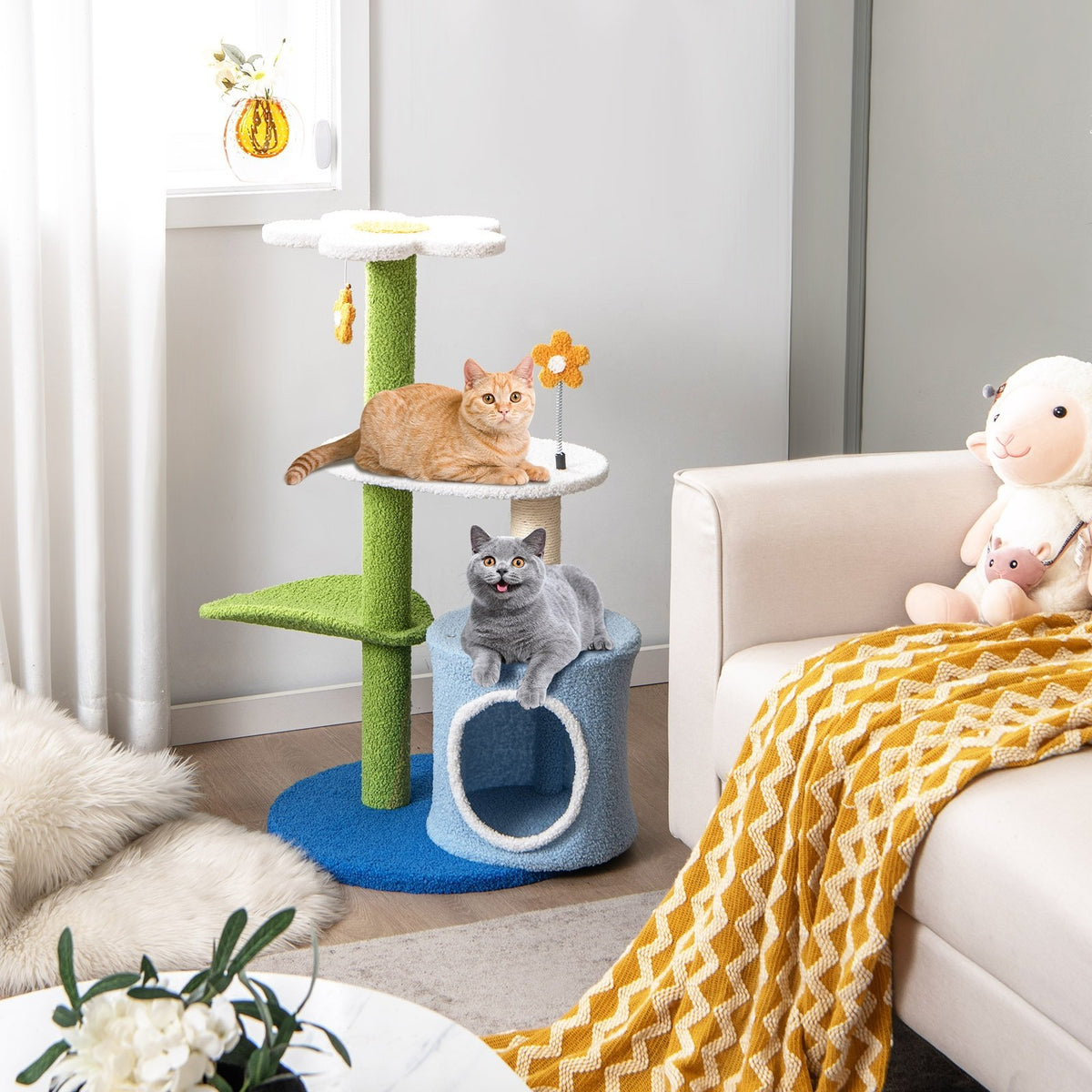 34.5 Inch 4-Tier Cute Cat Tree with Jingling Balls and Condo-Blue view 2