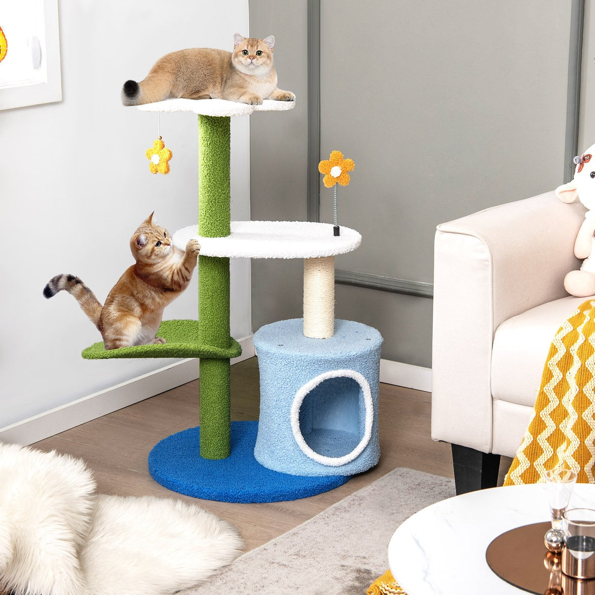 34.5 Inch 4-Tier Cute Cat Tree with Jingling Balls and Condo-Blue view 3