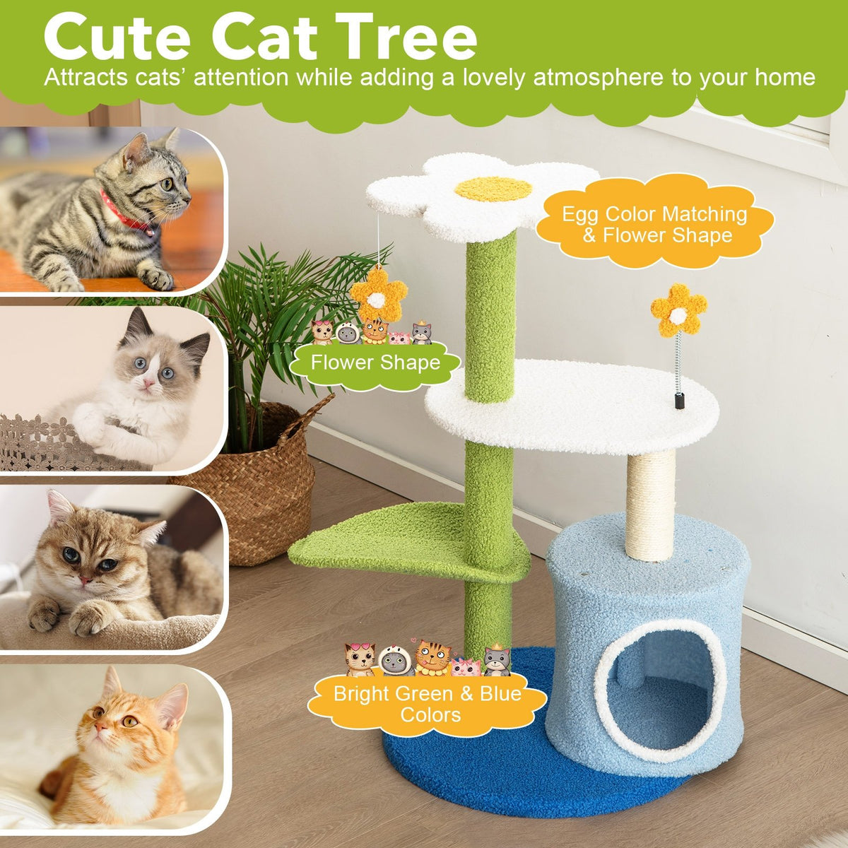 34.5 Inch 4-Tier Cute Cat Tree with Jingling Balls and Condo-Blue view 6