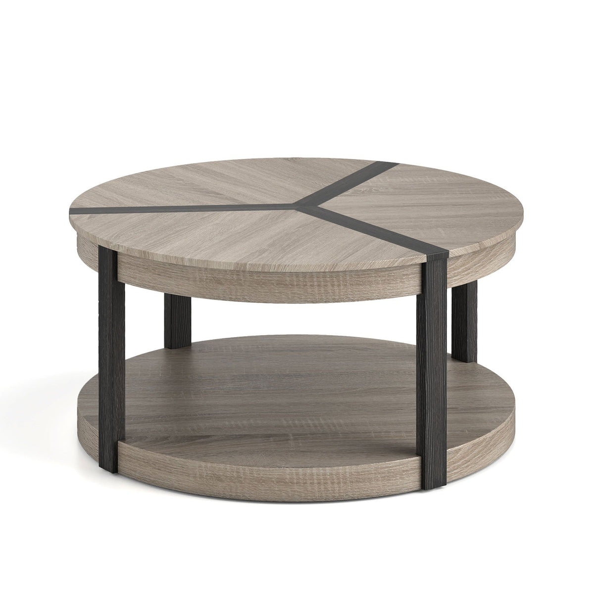 34.5 inches Rubber Wood 2-Tier Round Center Table with Spacious Tabletop and Storage Shelf-Gray