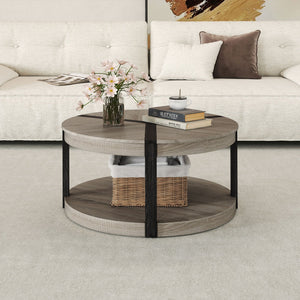 34.5 inches Rubber Wood 2-Tier Round Center Table with Spacious Tabletop and Storage Shelf-Gray view 2