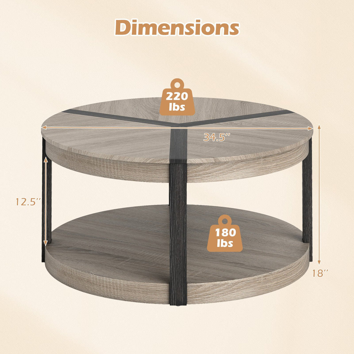 34.5 inches Rubber Wood 2-Tier Round Center Table with Spacious Tabletop and Storage Shelf-Gray view 5