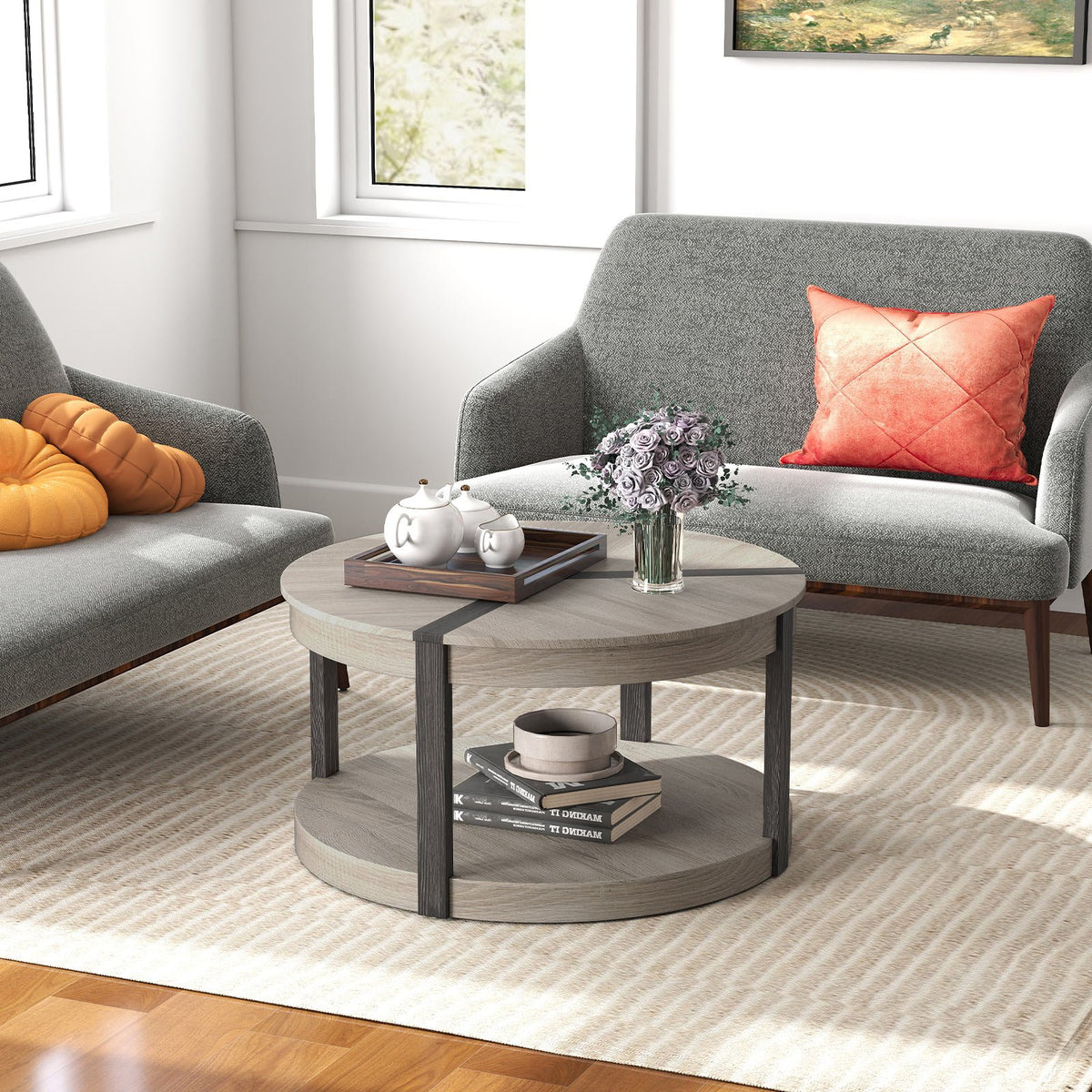 34.5 inches Rubber Wood 2-Tier Round Center Table with Spacious Tabletop and Storage Shelf-Gray view 7