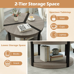 34.5 inches Rubber Wood 2-Tier Round Center Table with Spacious Tabletop and Storage Shelf-Gray view 9