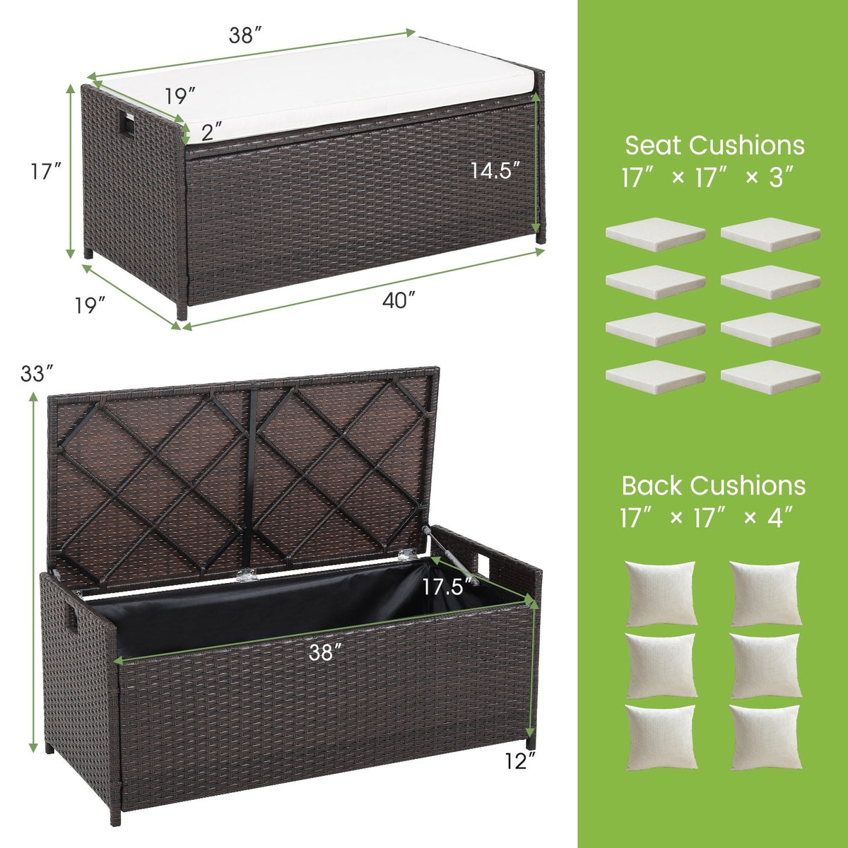 34 Gallon Patio Storage Bench with Seat Cushion and Zippered Liner view 5