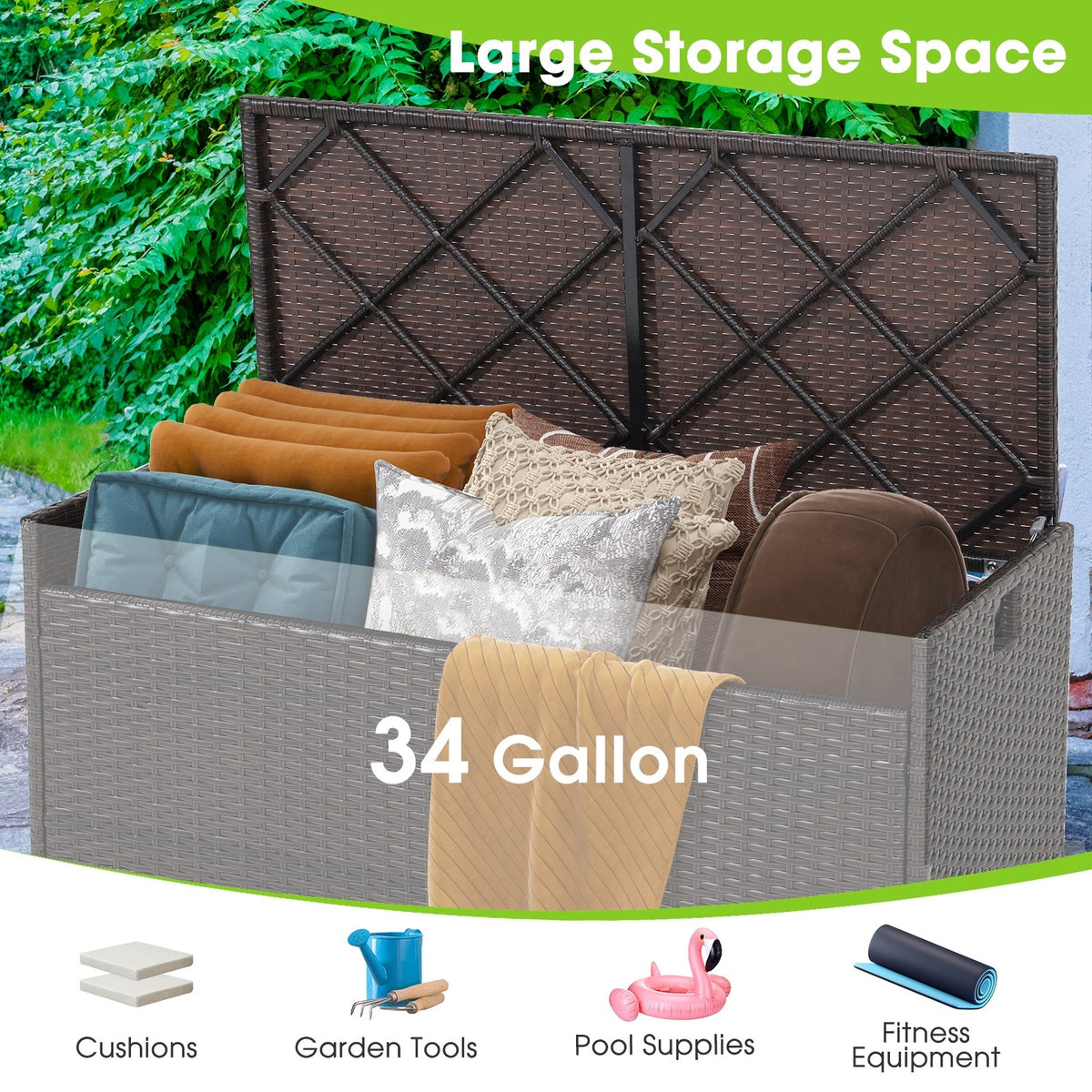 34 Gallon Patio Storage Bench with Seat Cushion and Zippered Liner view 6