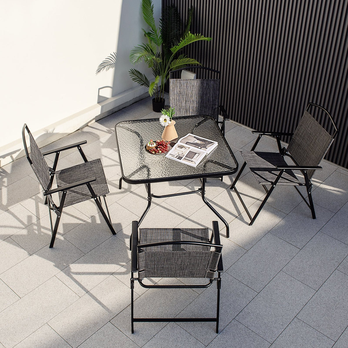 34 Inch Outdoor Dining Table Square Tempered Glass Table with 1.5 Inch Umbrella Hole-Black view 3