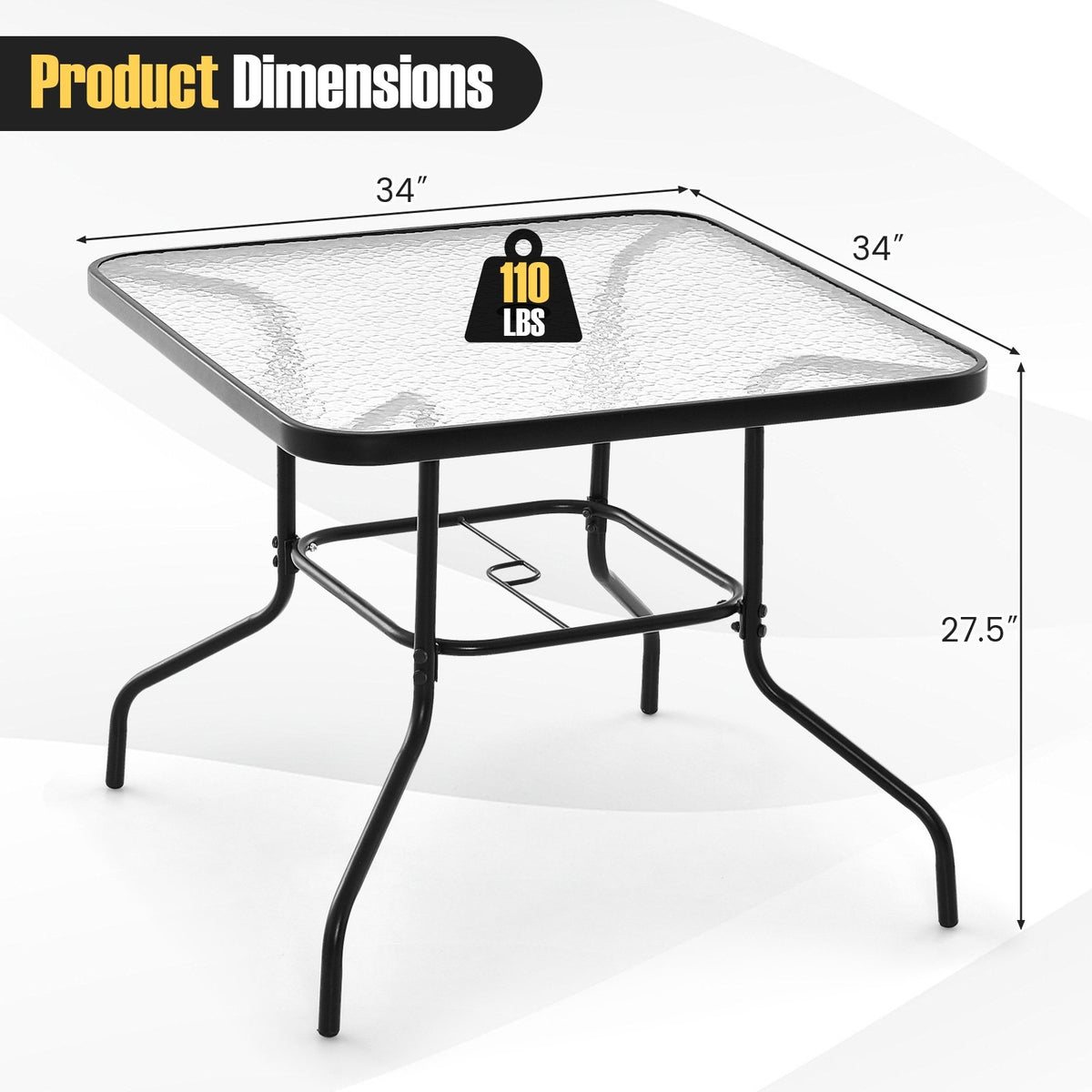 34 Inch Outdoor Dining Table Square Tempered Glass Table with 1.5 Inch Umbrella Hole-Black view 4