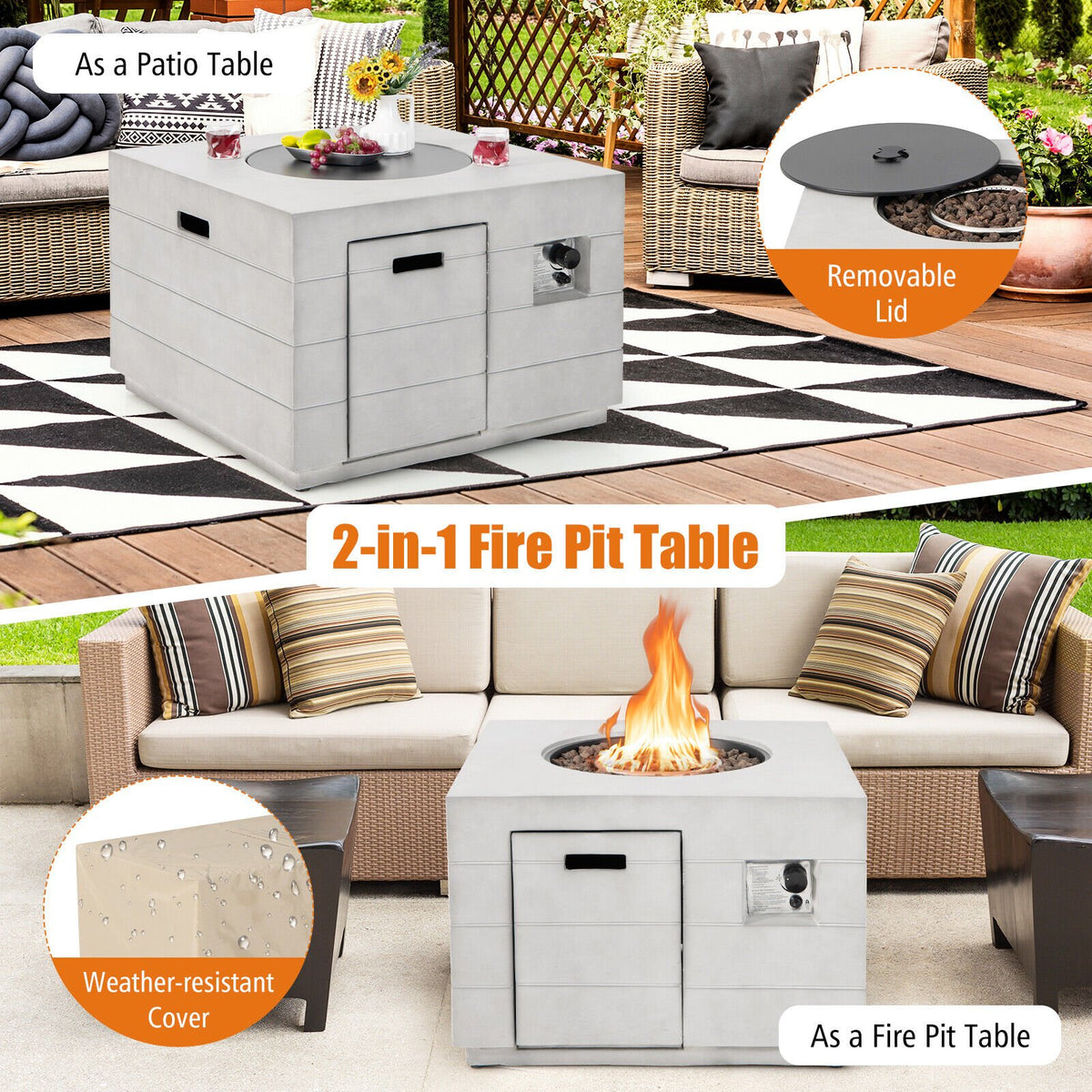 34 Inch Square Concrete Propane Fire Pit Table with Lava Rocks and Cover 50 000 BTU-Gray view 3