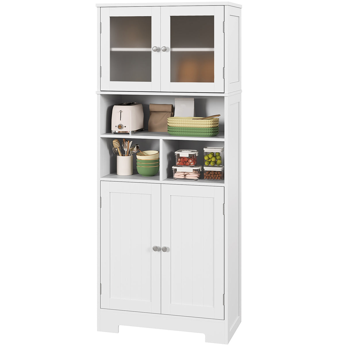 57" Kitchen Pantry, Freestanding Pantry Storage Cabinet with Glass Doors, Adjustable Shelves, Open Compartments, White