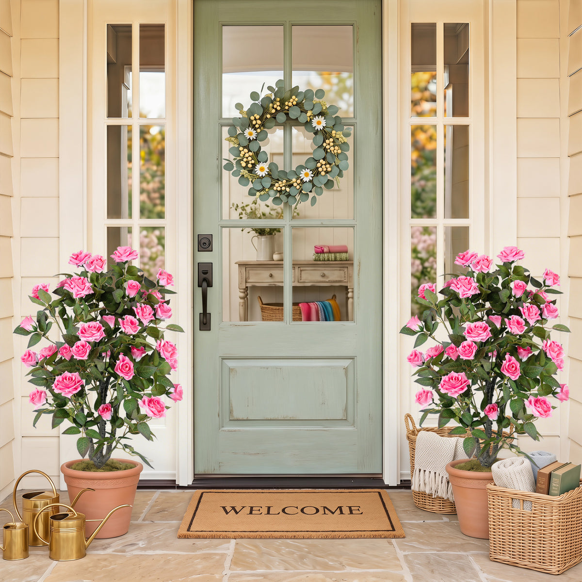 35.5 inches Artificial Rose Tree with Blooming Flowers and Green Leaves for Indoor-Pink view 2