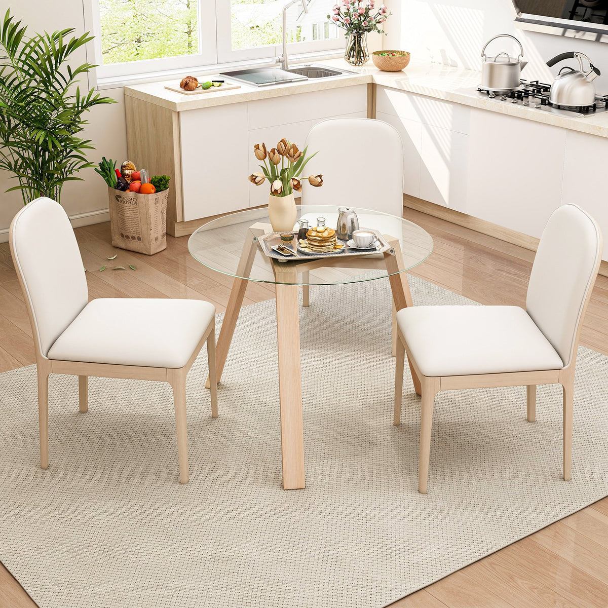 36 Inches Round Glass Dining Table for 4 with Rubber Wood Frame-Natural view 2