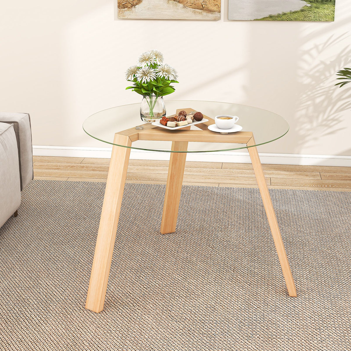 36 Inches Round Glass Dining Table for 4 with Rubber Wood Frame-Natural view 6
