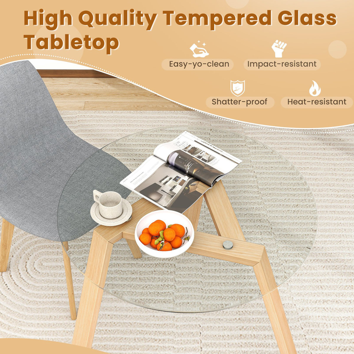 36 Inches Round Glass Dining Table for 4 with Rubber Wood Frame-Natural view 7