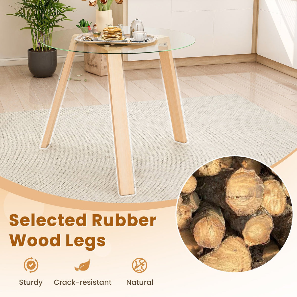 36 Inches Round Glass Dining Table for 4 with Rubber Wood Frame-Natural view 8