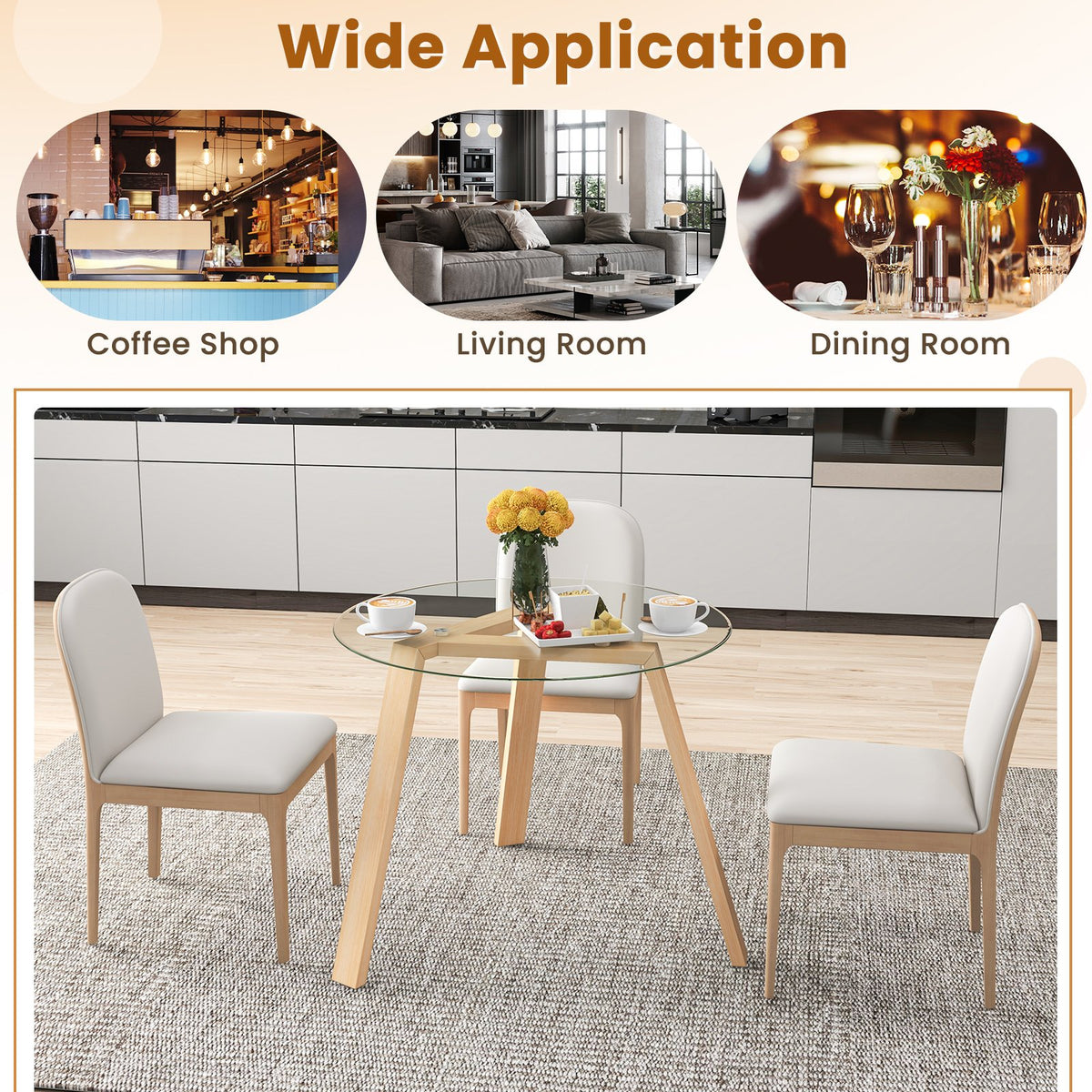 36 Inches Round Glass Dining Table for 4 with Rubber Wood Frame-Natural view 9