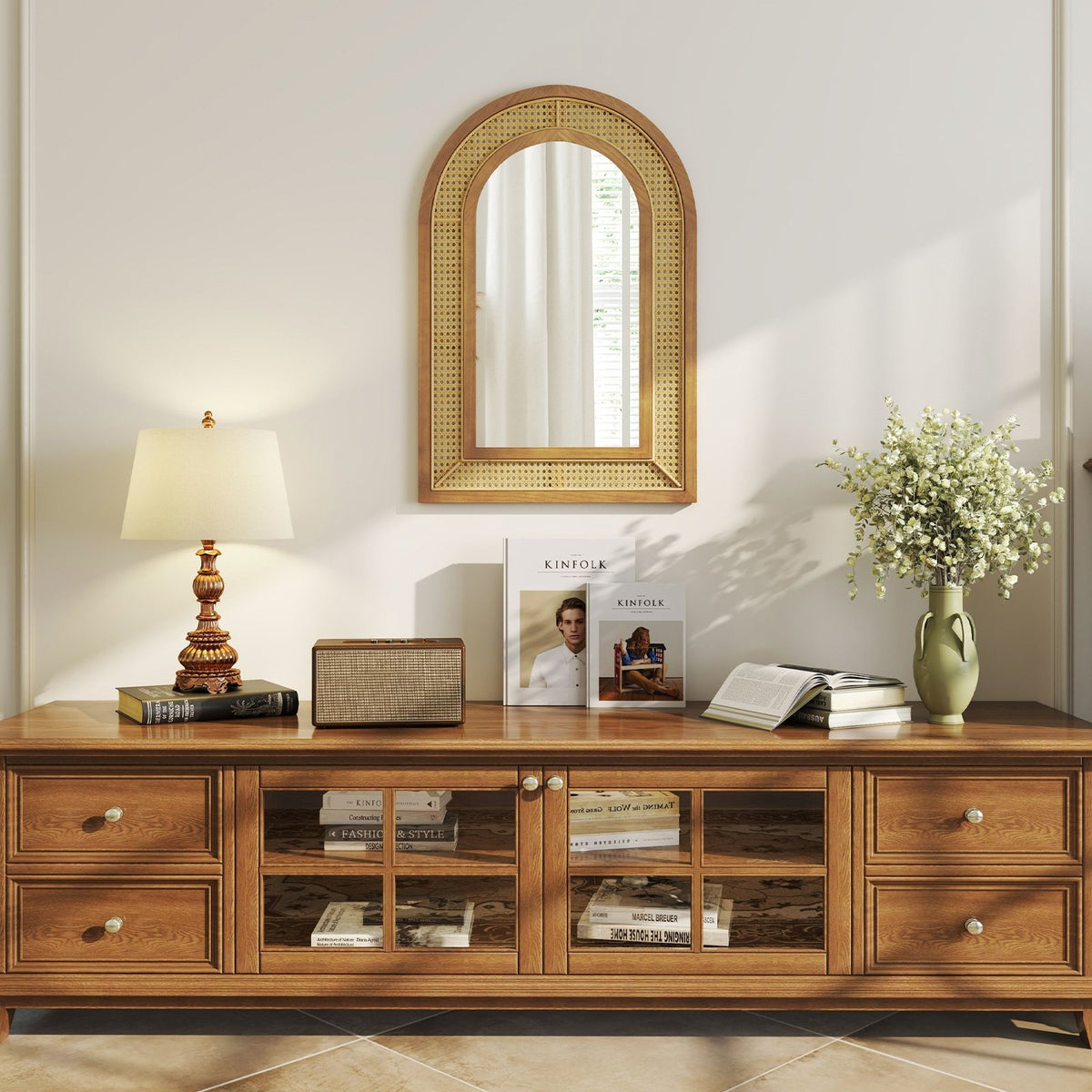 35.5 Inches x 23.5 Inches Rattan Wall Mounted Decorative Mirror with Wooden Frame-Natural view 3
