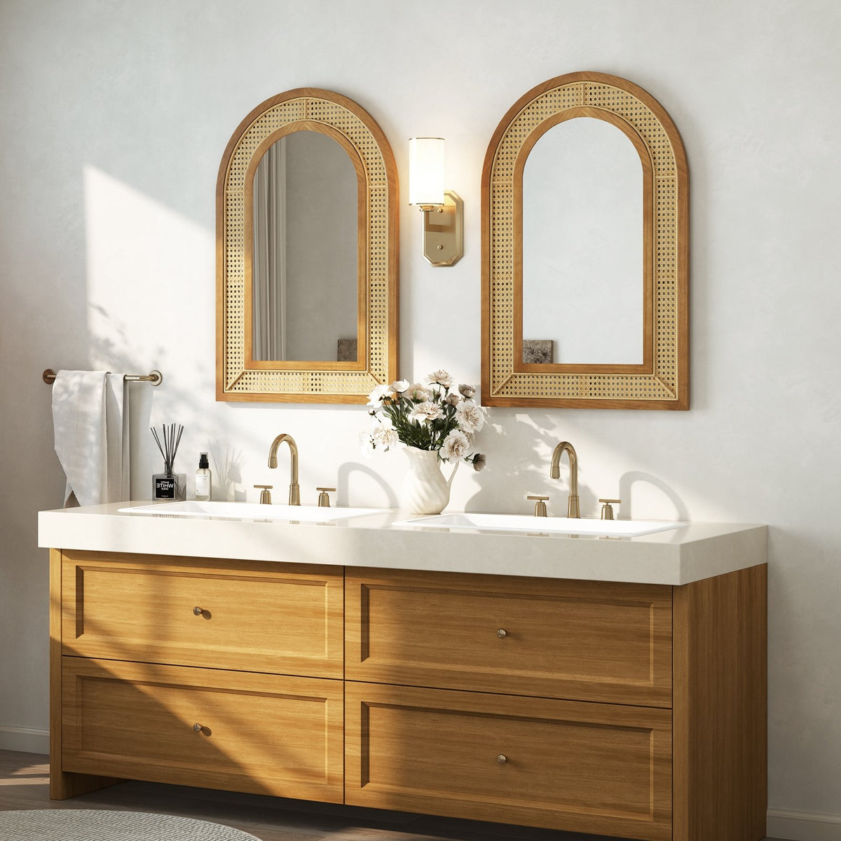 35.5 Inches x 23.5 Inches Rattan Wall Mounted Decorative Mirror with Wooden Frame-Natural view 6