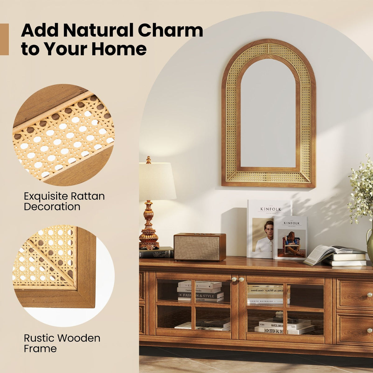 35.5 Inches x 23.5 Inches Rattan Wall Mounted Decorative Mirror with Wooden Frame-Natural view 8