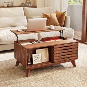 35.5 inches Lift Top Coffee Table with Hidden Compartment and Sliding Door for Living Room-Brown view 3