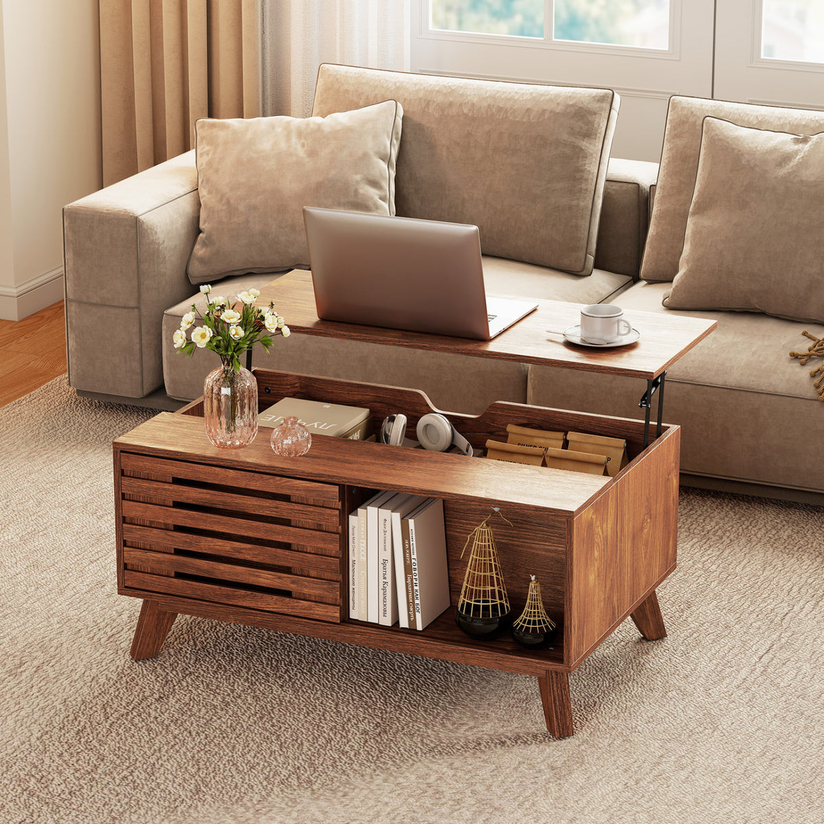 35.5 inches Lift Top Coffee Table with Hidden Compartment and Sliding Door for Living Room-Brown view 6