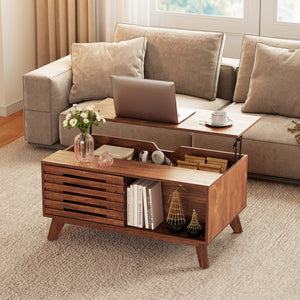 35.5 inches Lift Top Coffee Table with Hidden Compartment and Sliding Door for Living Room-Brown view 6