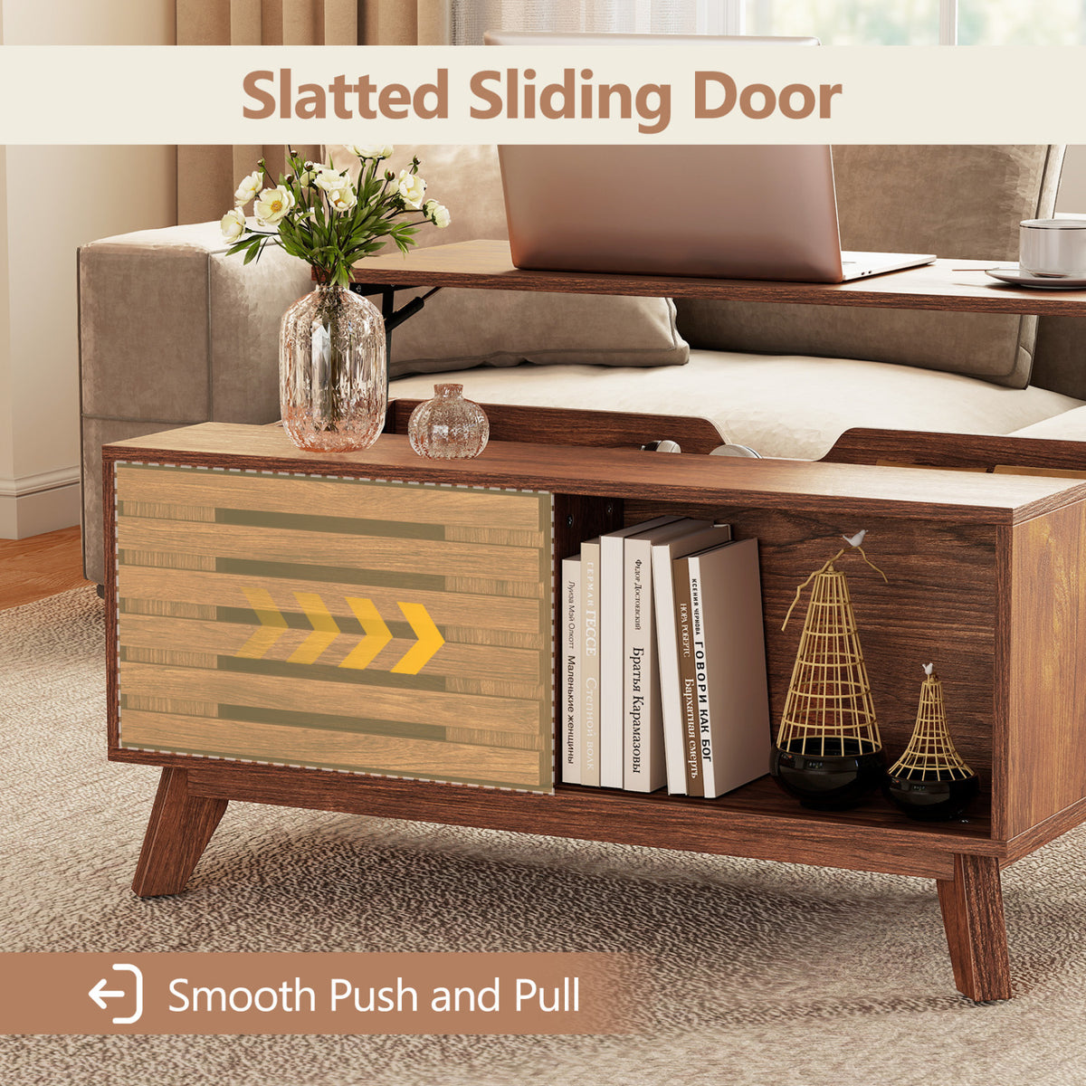 35.5 inches Lift Top Coffee Table with Hidden Compartment and Sliding Door for Living Room-Brown view 7