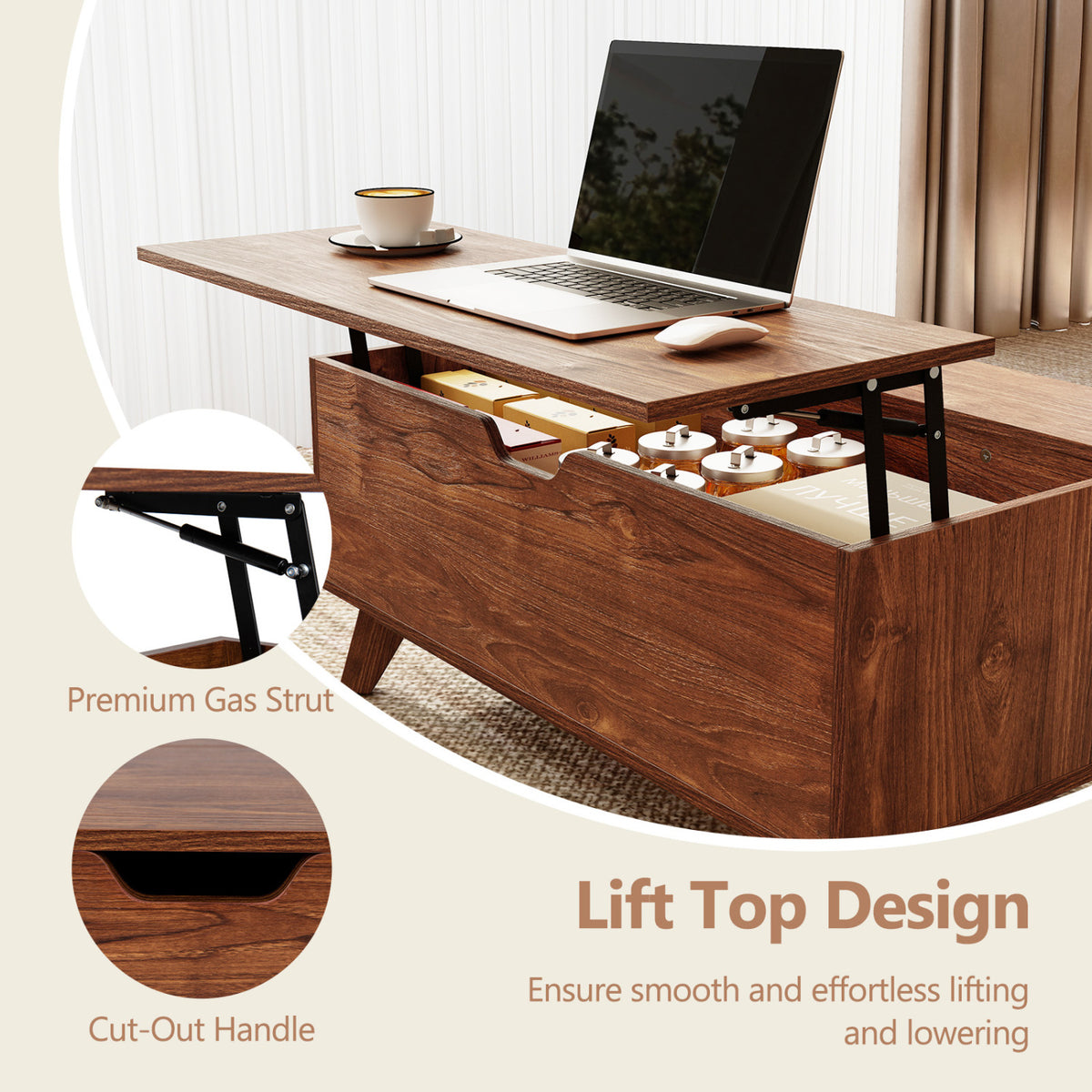 35.5 inches Lift Top Coffee Table with Hidden Compartment and Sliding Door for Living Room-Brown view 8