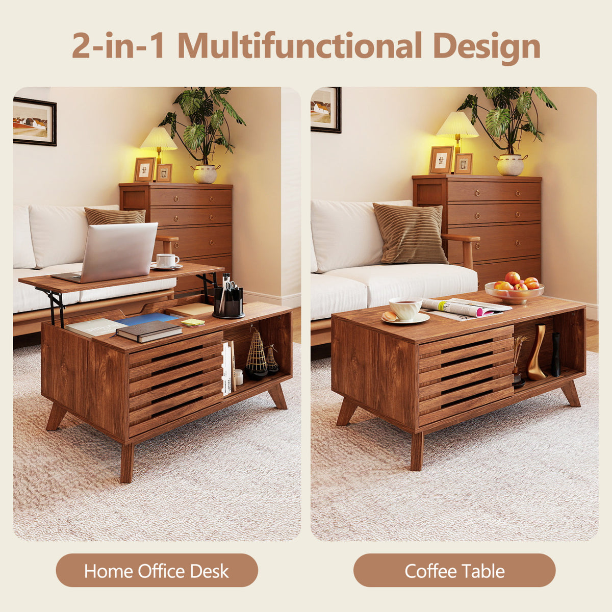 35.5 inches Lift Top Coffee Table with Hidden Compartment and Sliding Door for Living Room-Brown view 9