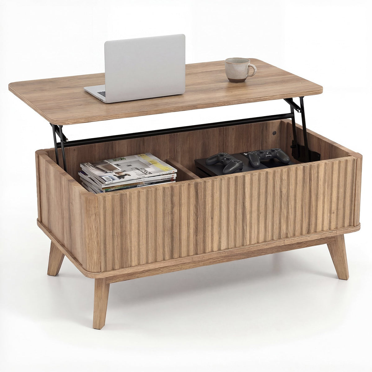 35.5 inches Rectangle Wooden Fluted Lift Top Coffee Table-Walnut