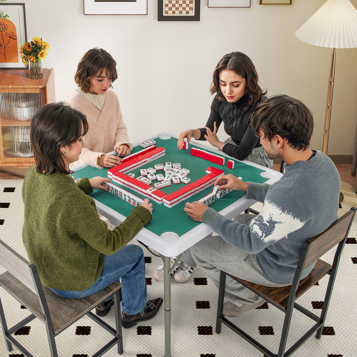 35 Inch 4 Player Game Card Folding Mahjong Table with Cup Holders-Green view 2