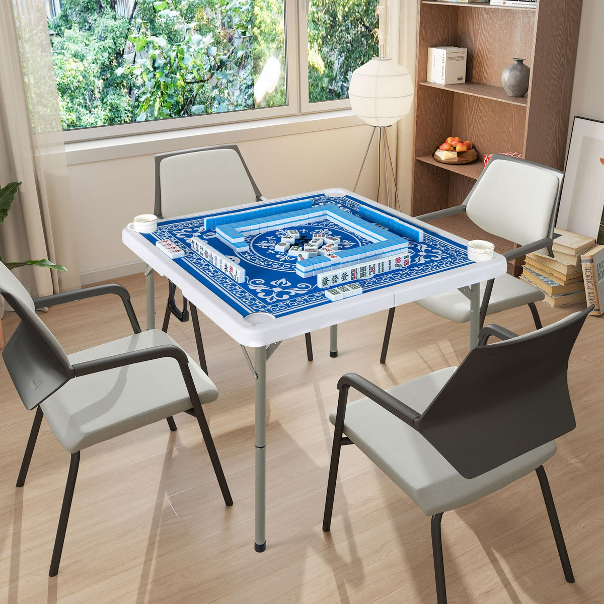 35 Inch 4 Player Game Card Folding Mahjong Table with Cup Holders-Light Blue view 2