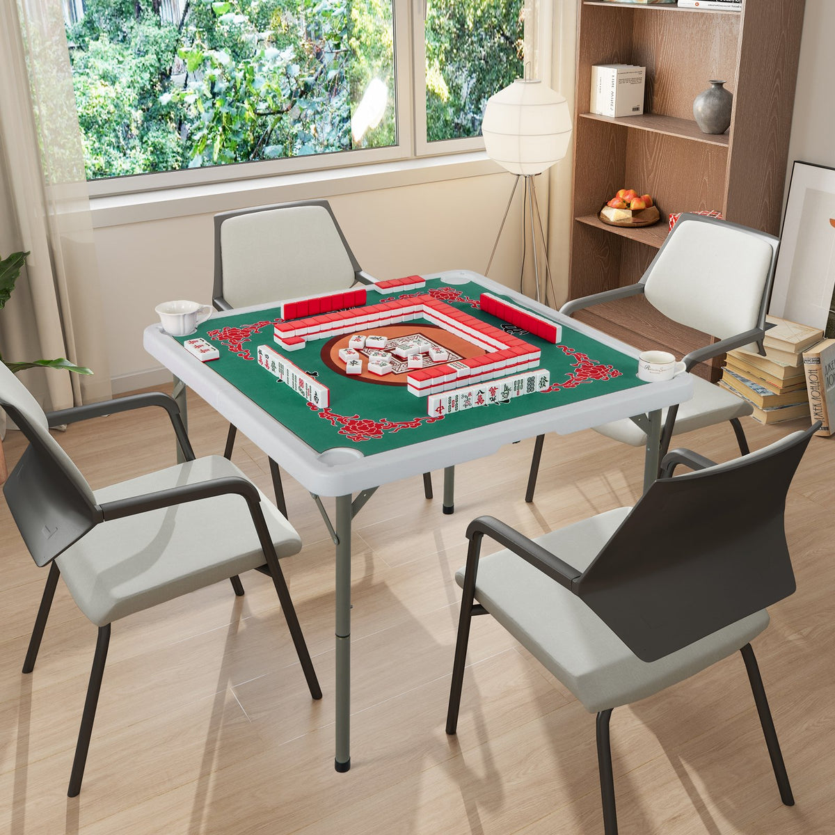 35 Inch 4 Player Game Card Folding Mahjong Table with Cup Holders-Light Green view 3