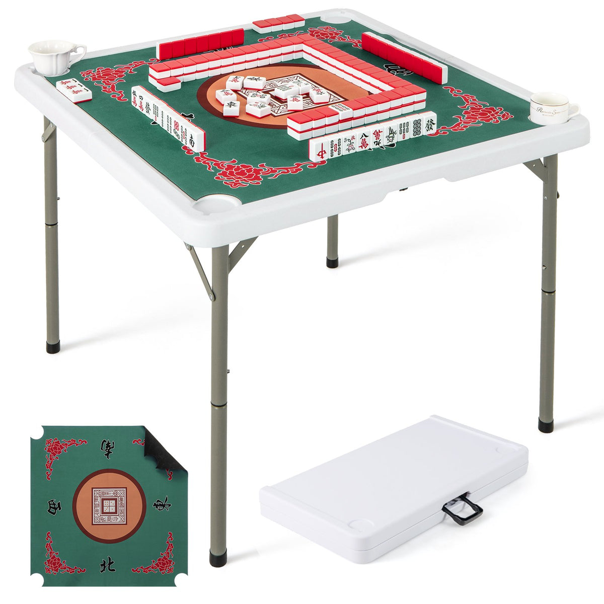 35 Inch 4 Player Game Card Folding Mahjong Table with Cup Holders-Light Green view 4