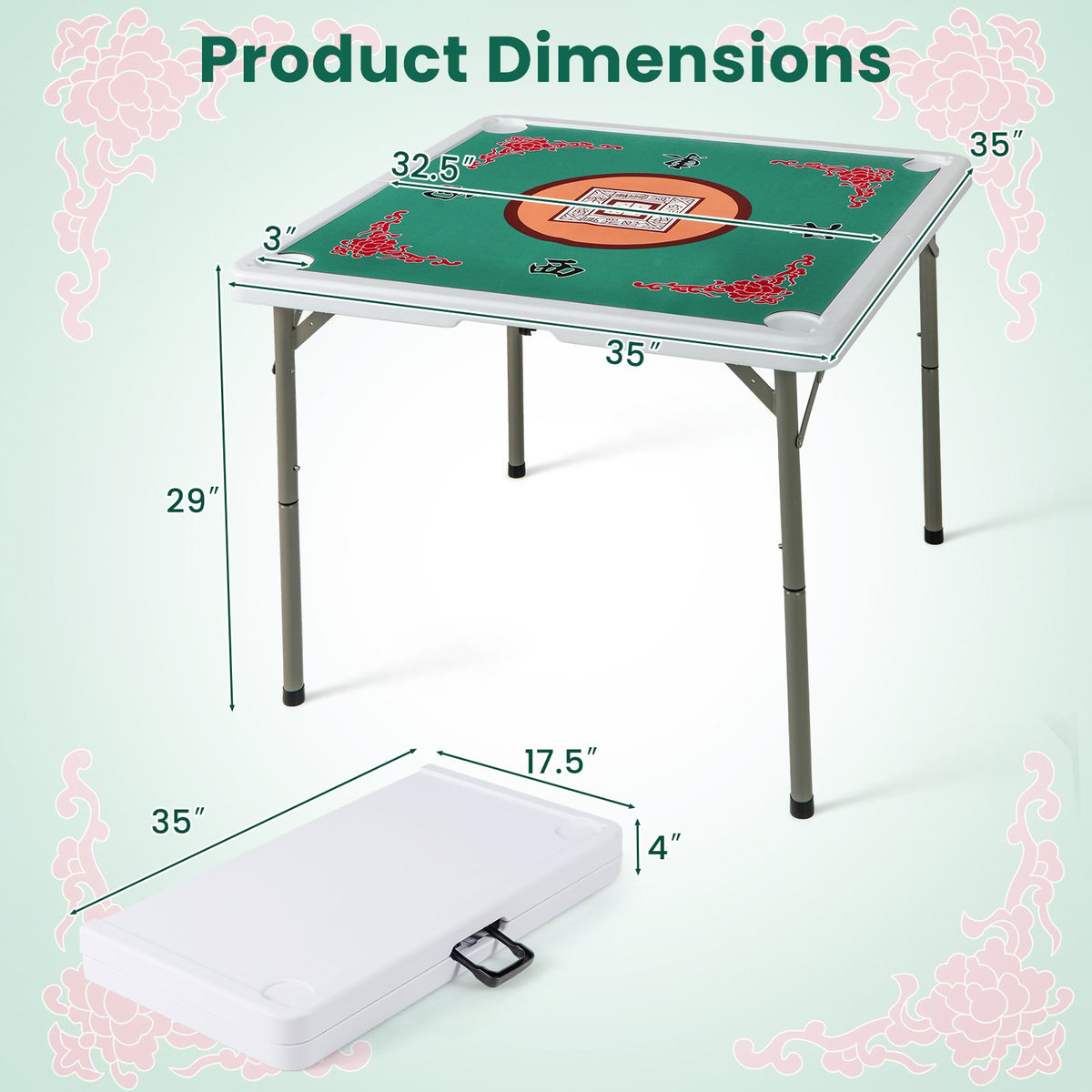 35 Inch 4 Player Game Card Folding Mahjong Table with Cup Holders-Light Green view 5